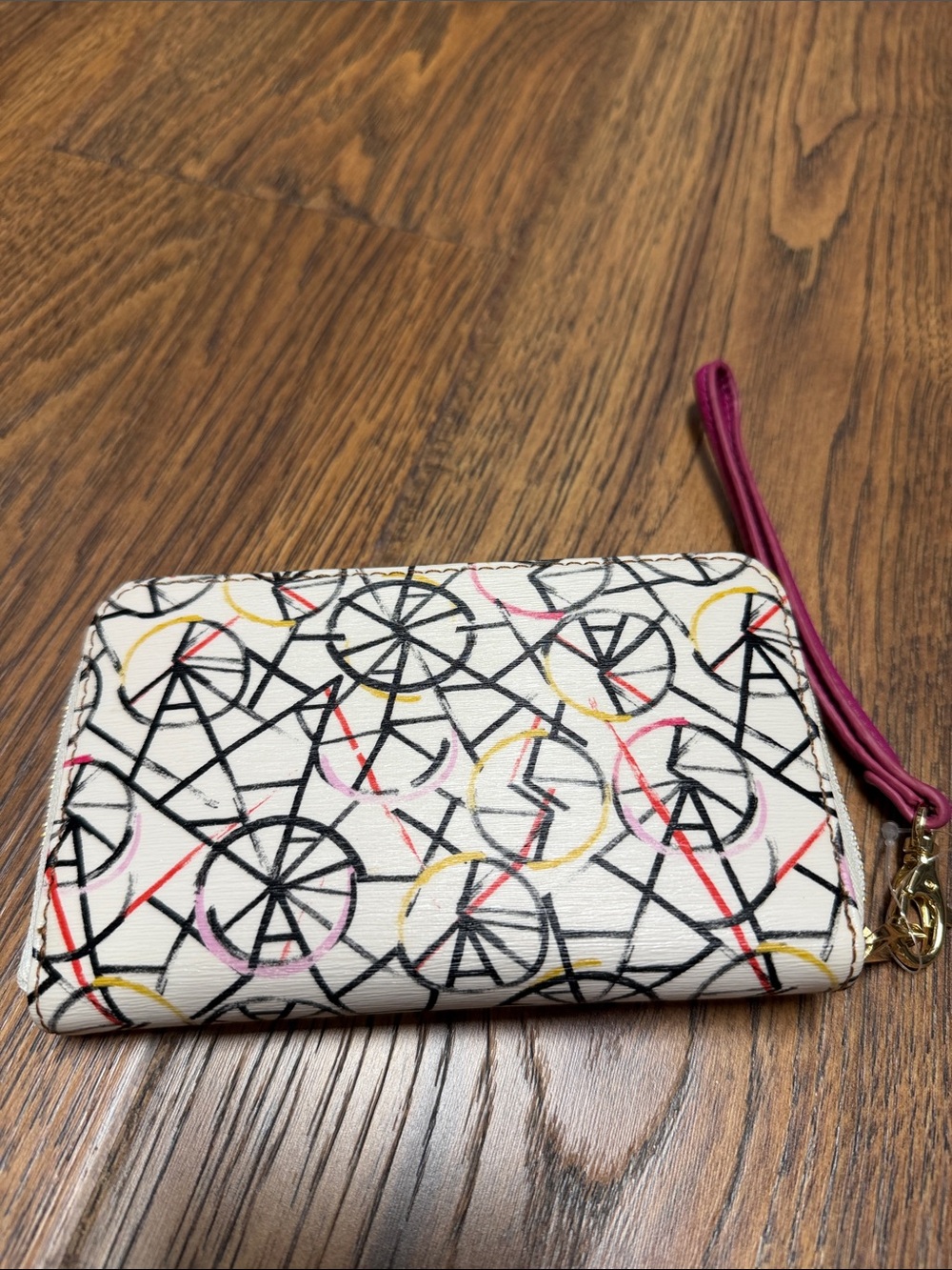 Fossil White Printed Wristlet Clutch with Pink Strap